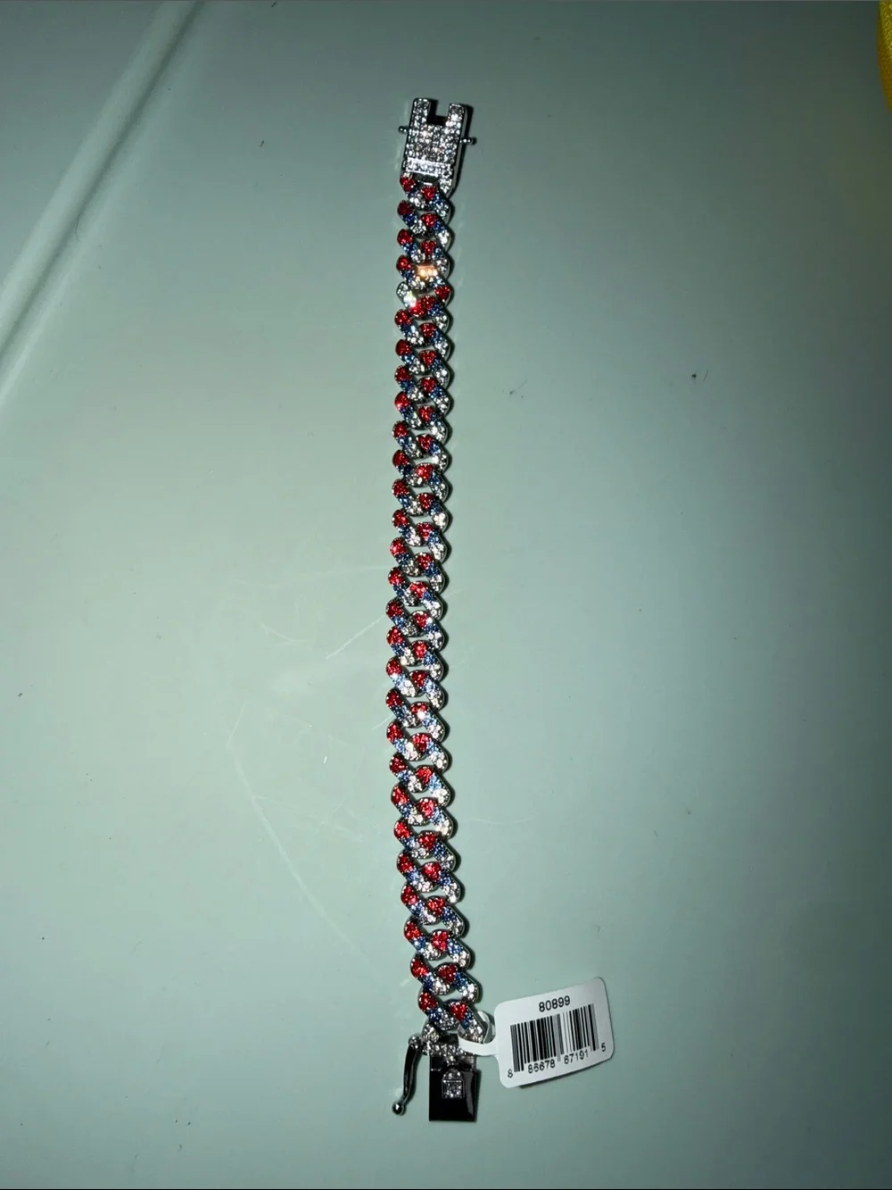 Invicta Red, Blue & Silver Crystal Cuban Link Bracelet with Dust Bag and Case